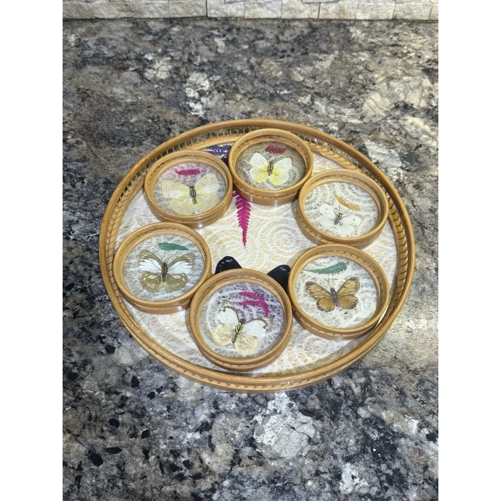 Vintage Butterfly Tray & 6 Coaster Set Pressed Butterfly Botanical Bamboo Tray